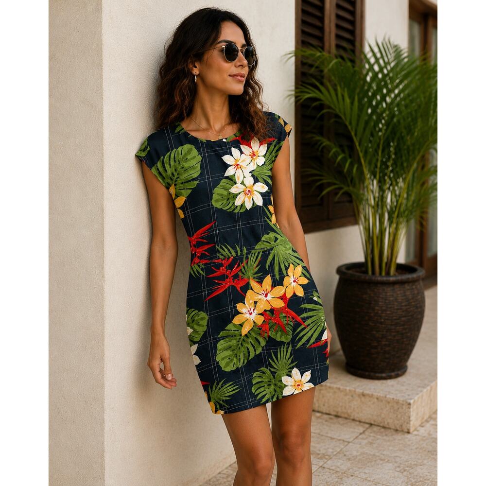 Richards Puro Lino Linen Dress 42 Navy Tropical Floral Farm Rio Style Large